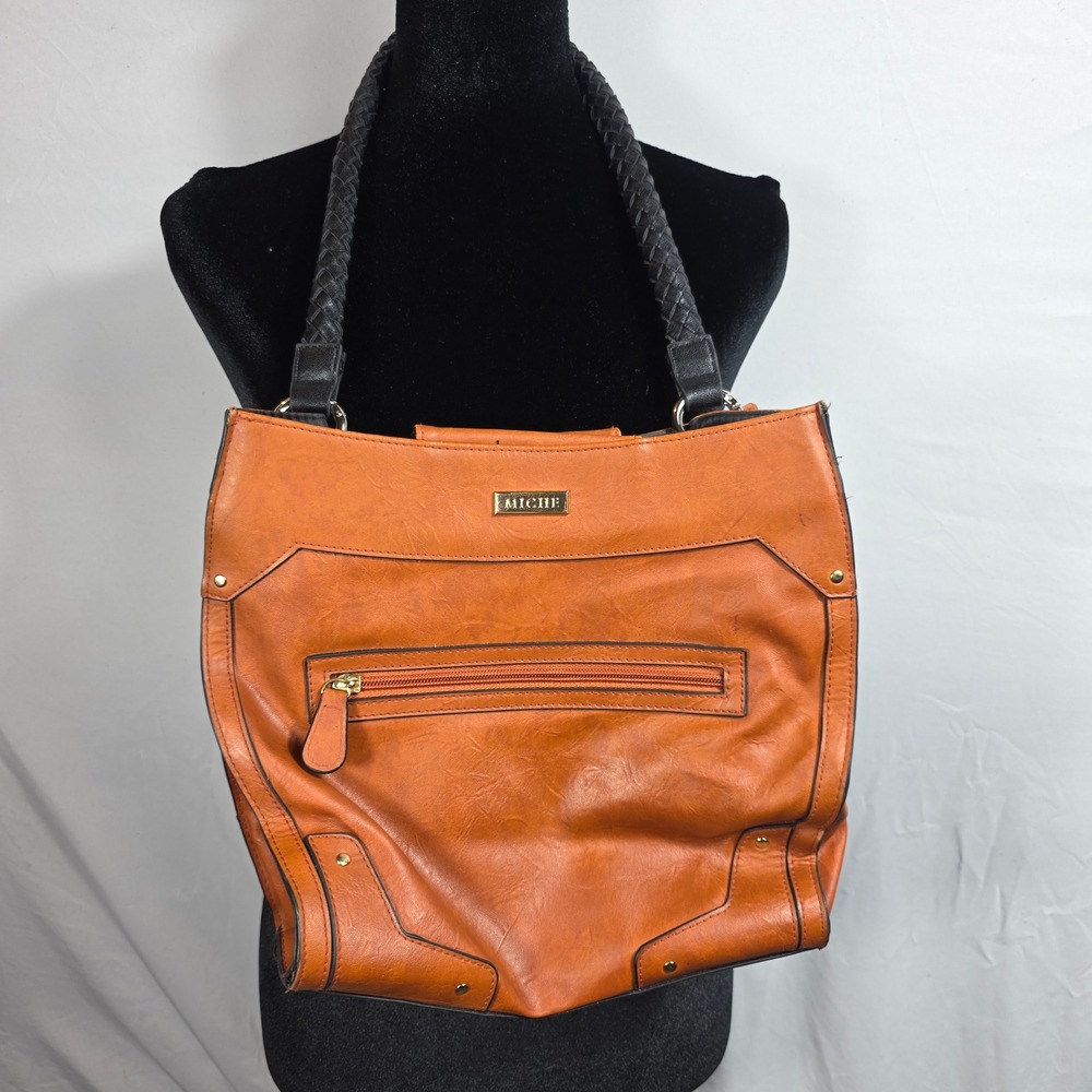 Miche Prima Shell Cognac Orange Faux Leather Shoulder Bag Braided Strap Gold